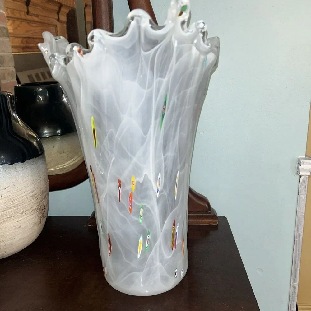 Large Italian Millefiori Arte Murano Lavorazione White Cased Vase 15 Inches Tall